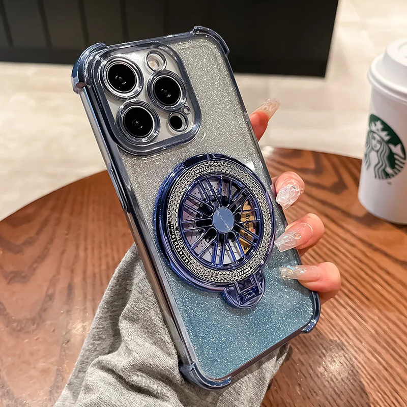 Luxury GlitterสําหรับiPhone 14 15 Pro Max 13Pro 16ProพับสําหรับiPhone 16 Plus Shiny Blingหมุนขาตั้งShell