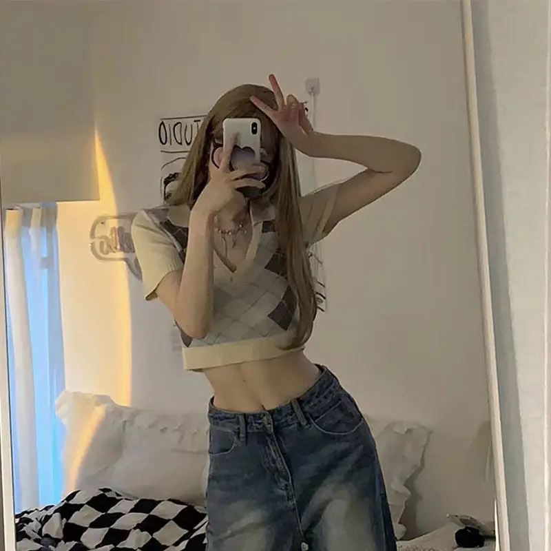 Zomer Nieuwe Patchwork Kleur Plaid Gestreepte Gebreide Top Vrouwen Loose Fit Cropped Korte Mouw Top Dunne Shirt V-hals Truien D559