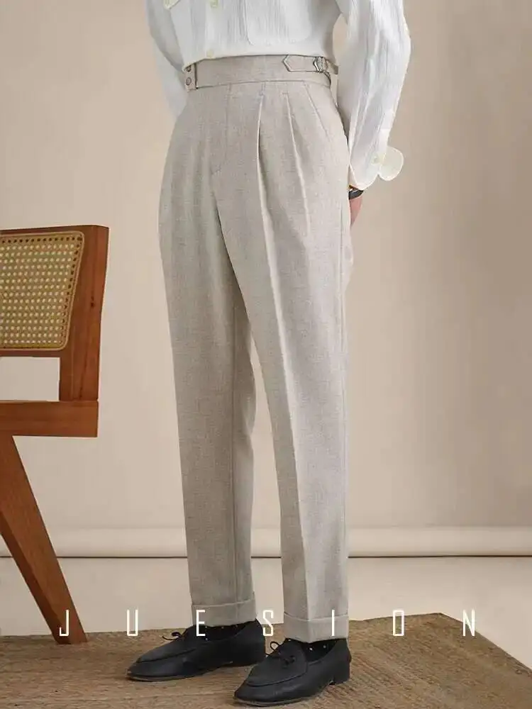 Naples Double Fold High Waist Linen Suit Pants For Men Summer Breathable Straight Leg Office Trousers Men Pantalon Costume Homme