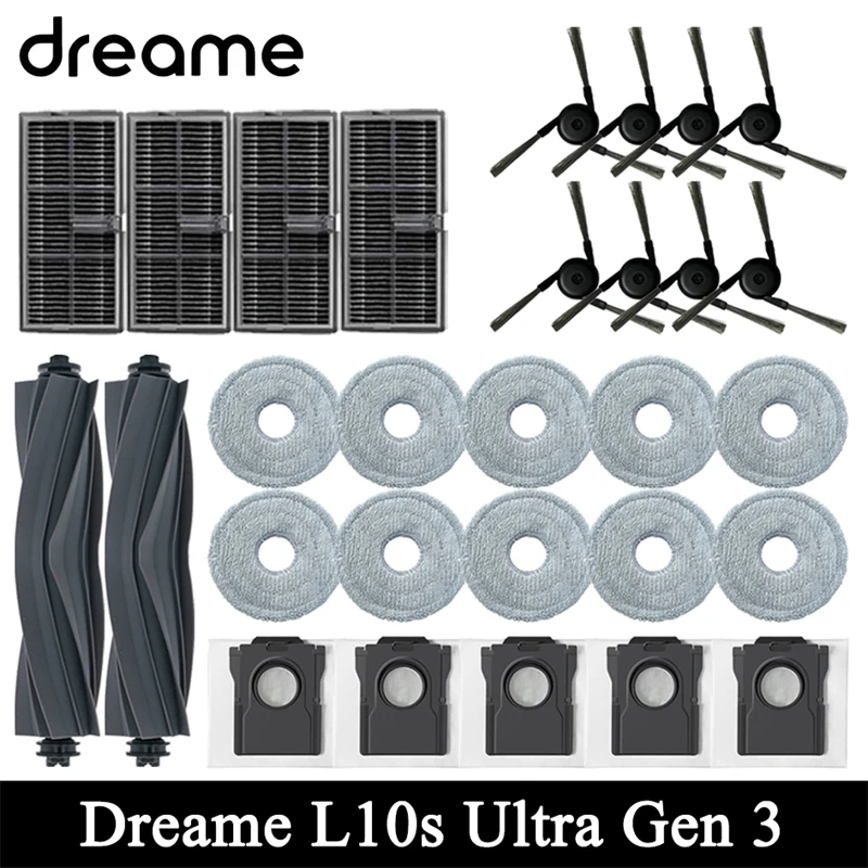 Accessoires pour aspirateur robot Dreame L10s Ultra Gen3 : brosse principale, brosse latérale, chiffon de nettoyage, filtre HEPA, sac à poussière, pièces de rechange