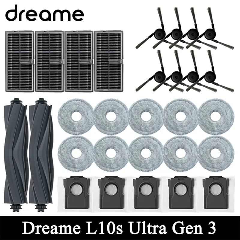 إكسسوارات مكنسة كهربائية روبوتية Dreame L10s Ultra Gen3 فرشاة جانبية رئيسية قطعة قماش للممسحة مرشح Hepa كيس غبار قطع غيار
