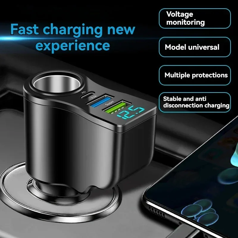 1CPS Digitalanzeige Auto Schnellladung Dual USB Autoladegerät Auto Eins bis Drei Zigarettenanzünder 66W Auto Multifunktionales Ladegerät