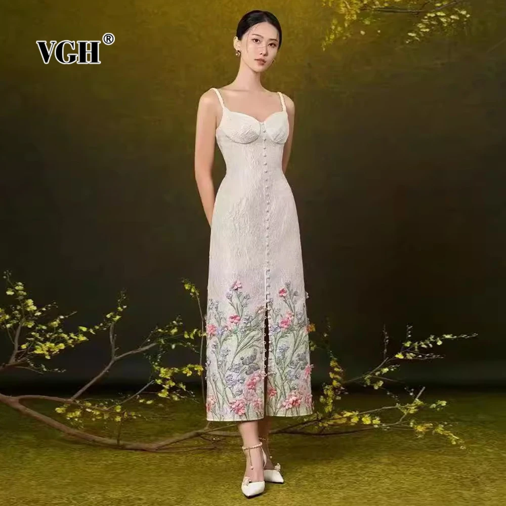 

VGH Slimming Elegant Printing Dresses For Women Square Collar Sleeveless Backless High Waist Temperament Dress Female Fashion