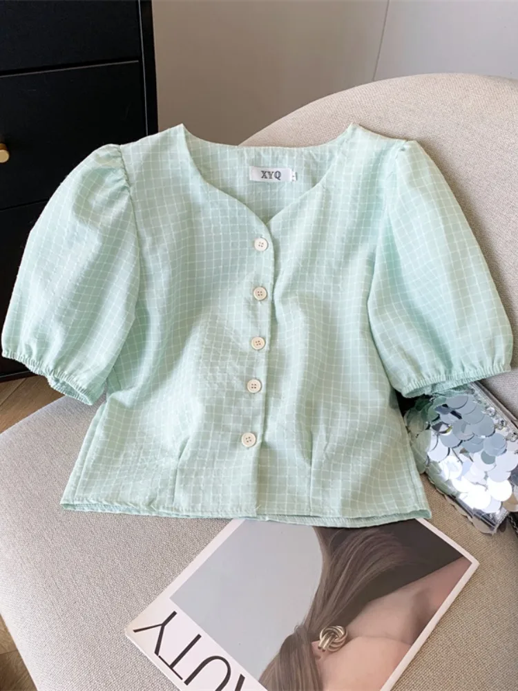 

Fre een Plaid Bubble ort Sve irt Women's Summer New Design Slim Fit ort Sle Korean Cotton V-ne Button-up Top