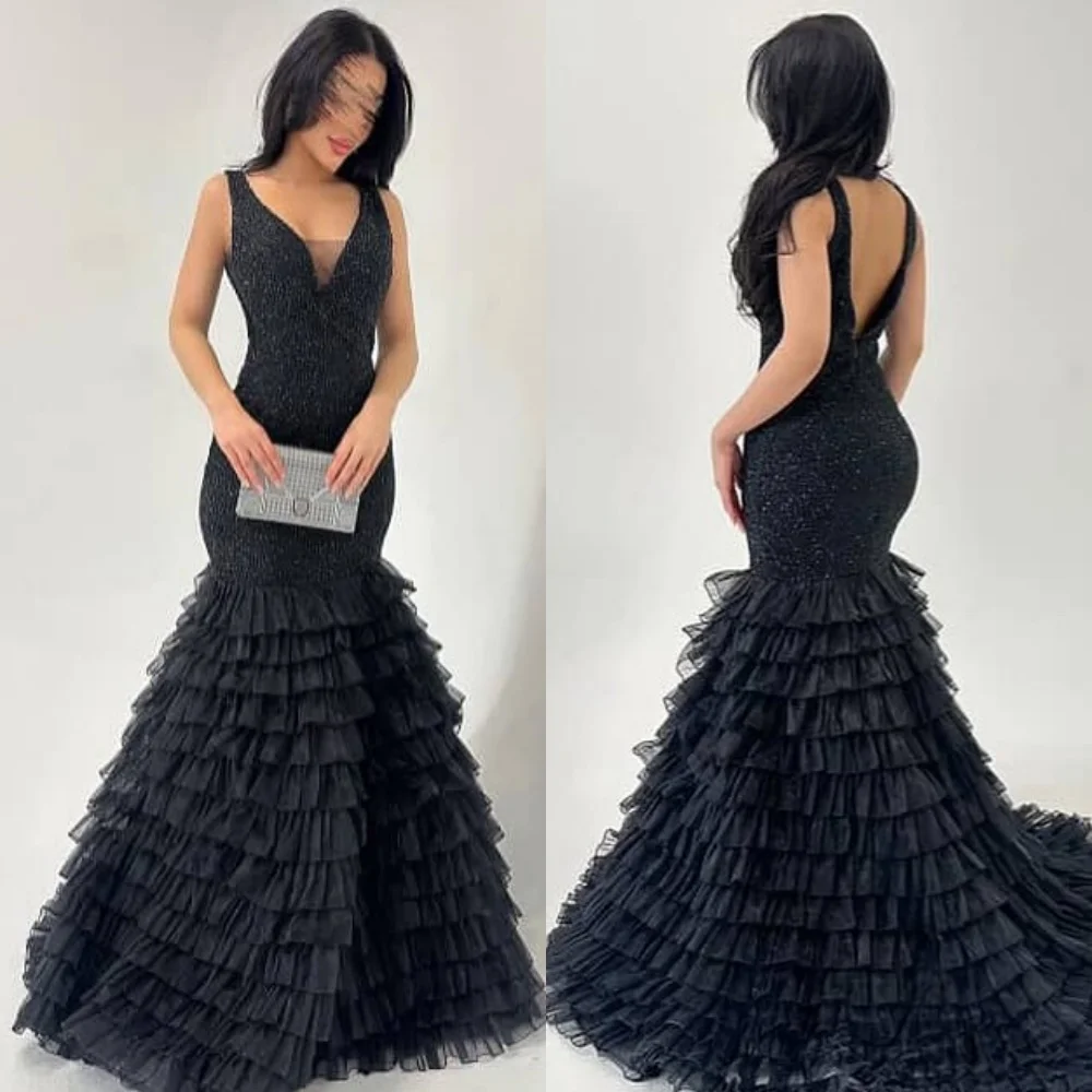 

Customized High Quality Classic Tulle Ruched Tiered Mermaid V-neck Long Dresses Bespoke Occasion Dresses Sizes Available Formal
