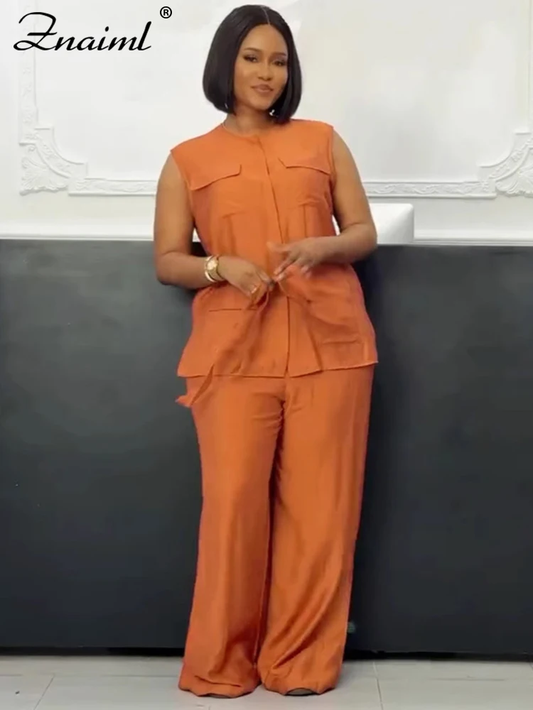 Znaiml Atasan Balutan Saku Tanpa Lengan Leher-o Longgar Elegan dan Celana Kaki Lebar Set 2 Potong Pakaian Jalanan Kasual Wanita Y2k