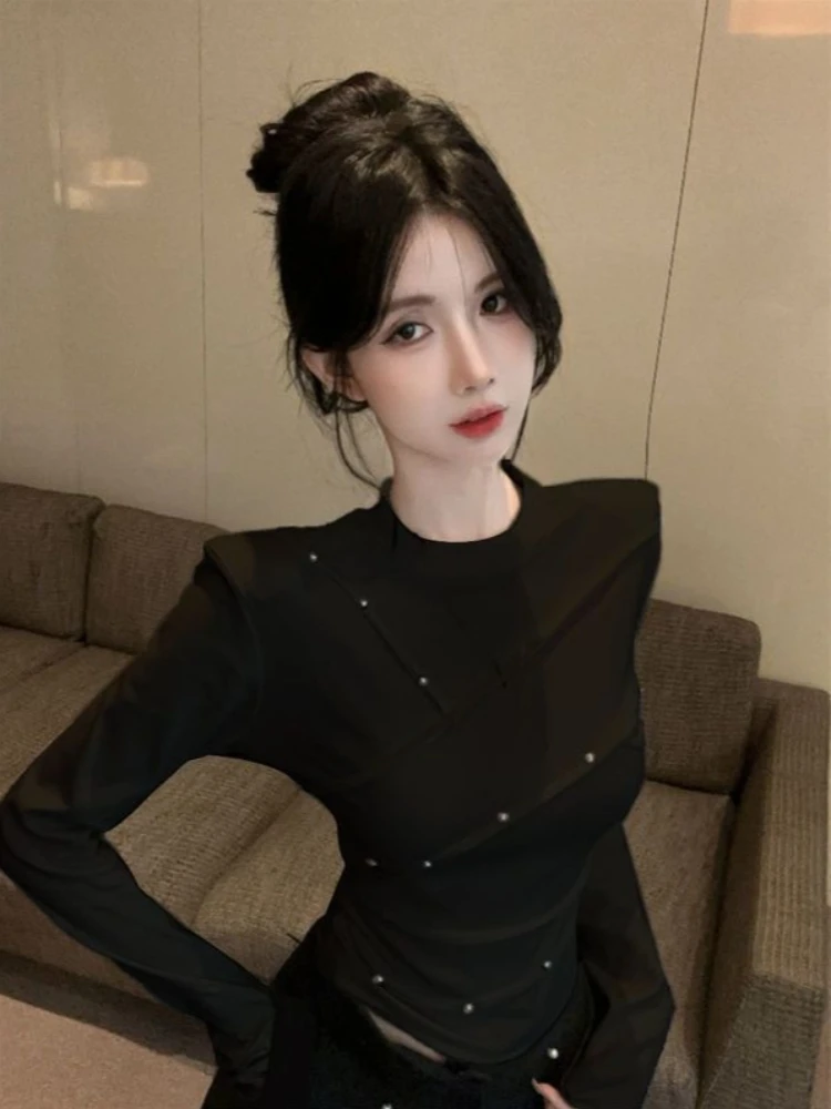 Studded Long Sleeved T-shirt Women's Cropped Pad Shoulder Solid Chic Spicy Innerwear Trendy Ultra Soft Innerwear