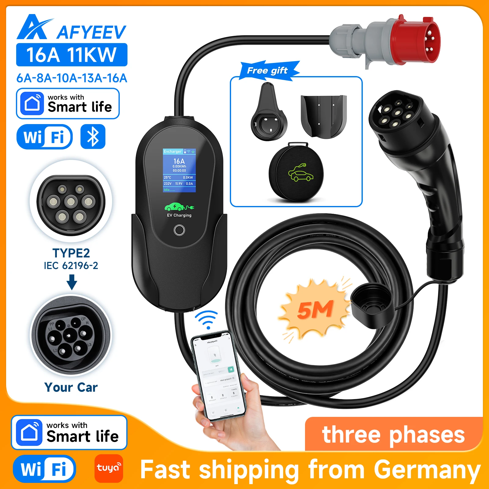 AFYEEV 11KW Typ2 Tragbares EV-Ladegerät 16A 3-Phasen Elektroauto-Ladegerät Wi-Fi APP Bluetooth Version Fernbedienung CEE-Stecker