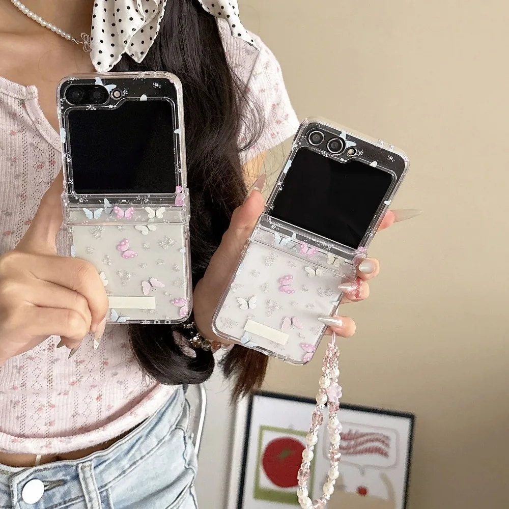 

Прозрачный чехол для мобильного телефона с розовой бабочкой для Samsung Galaxy Zflip6 5 4 3, милый роскошный защитный чехол с рисунком от падения