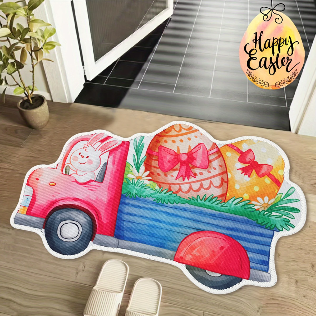 

Irregular Happy Easter PartyRabbit Eggs Crystal Velvet Doormat Colorful Bunny Seasonal Entrance Pad Anniversary Holiday Decor
