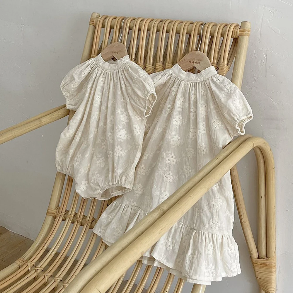 Baby Clothes Sweet Princess Baby Girl Romper Toddler Lace Embroidery Short Sleeve Beige Cotton Bodysuit for Newborn Rompers