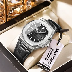 POEDAGAR Top Luxury Brand Men's Quartz Watches Luminous Date Waterproof Leather Man Watch Casual Sport Original Square Men Watch