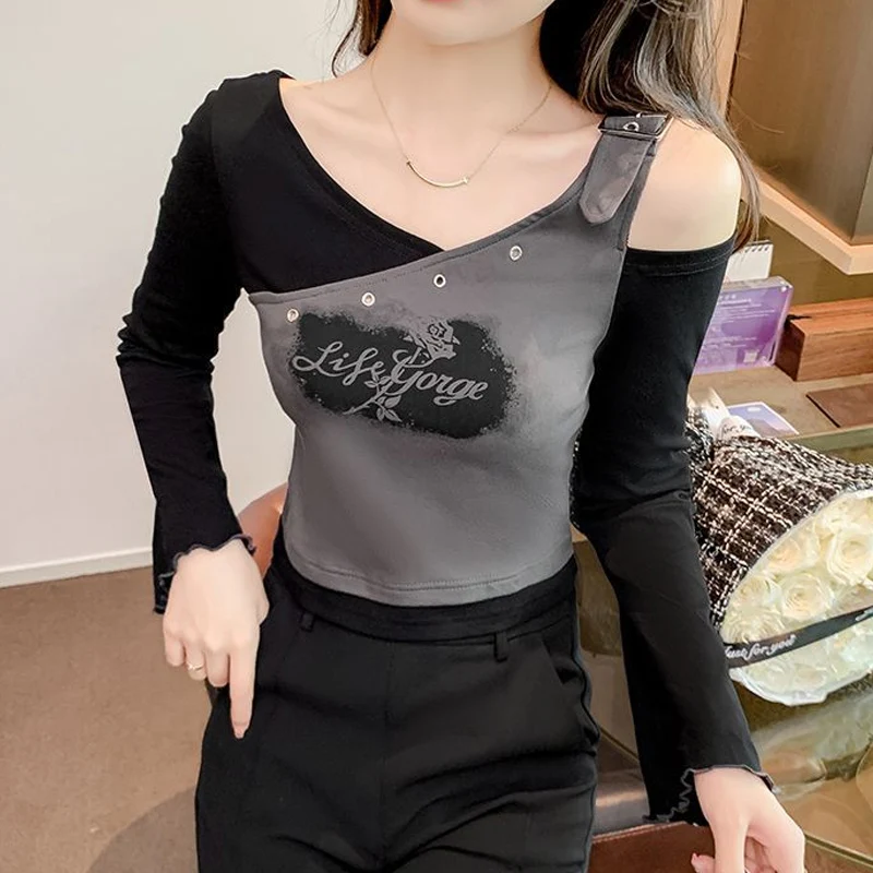 

Spring Summer New Printing Fashion Long Sleeve T-shirt Women High Street Casual Off Shoulder Edible Tree Fungus Slim Pullovers