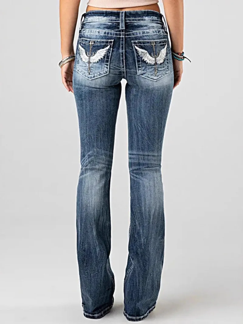 

Ladies Embroidered Stretch Jeans Faionable Slim Fit Versatile Denim Pants l Waist Iron Free Spring Collection