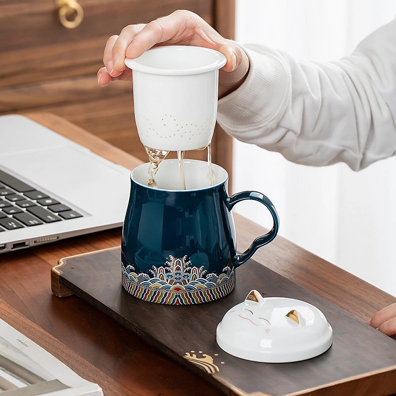 Tea Water Separation Ceramic Mug National Trend Office Tea Cup with Lid and Filter Screen