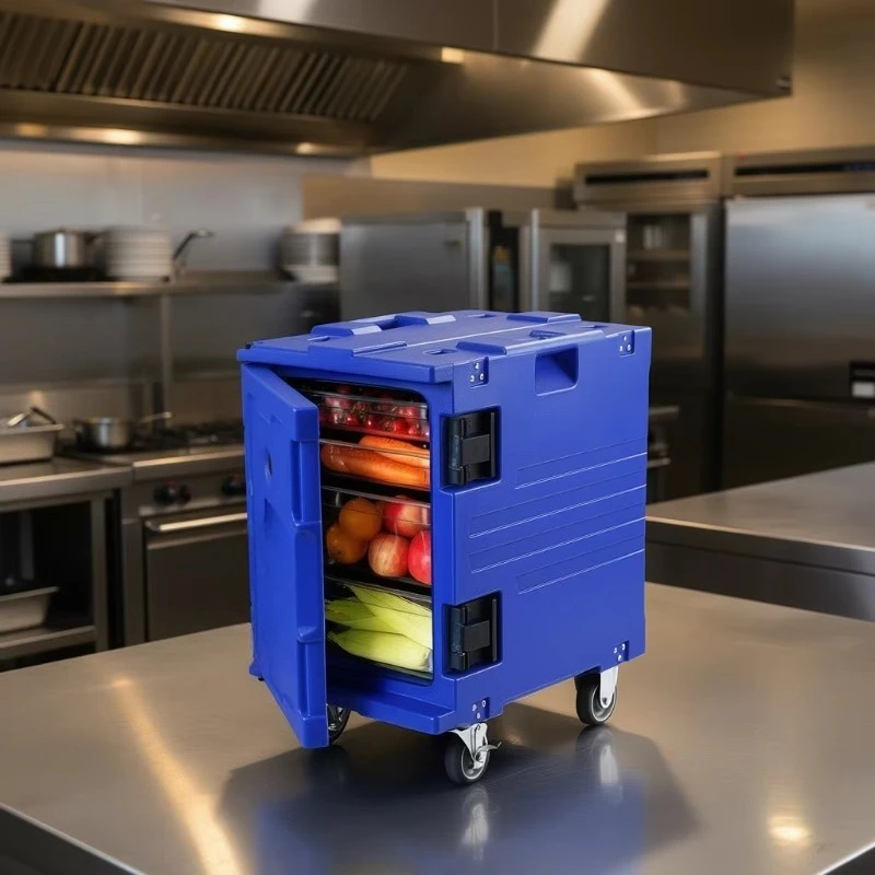 Blue insulated food pallet transporter 82 quarts, front-end loader with wheels, suitable for catering, restaurants, hotels