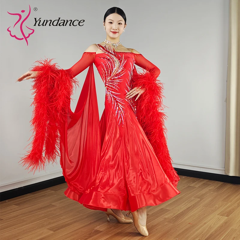 B-25135-2 Yundance Elegant Women Spandex Ballroom Dance Costume Chrisanne Red Satin Chiffon Waltz Dance Dresses for Competition