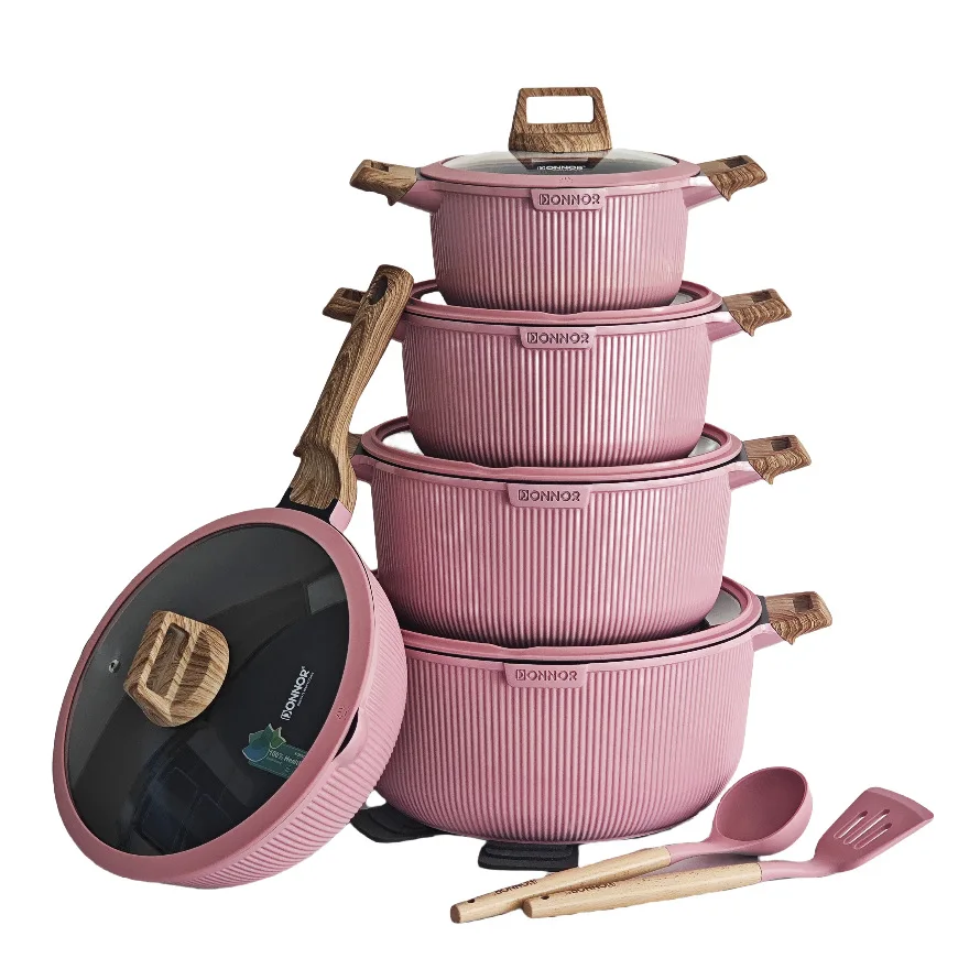15pcs Classic High Quality Heavy Duty Granite Casserole Cooking Pots Durable Die Casting Aluminum Non-Stick Metal