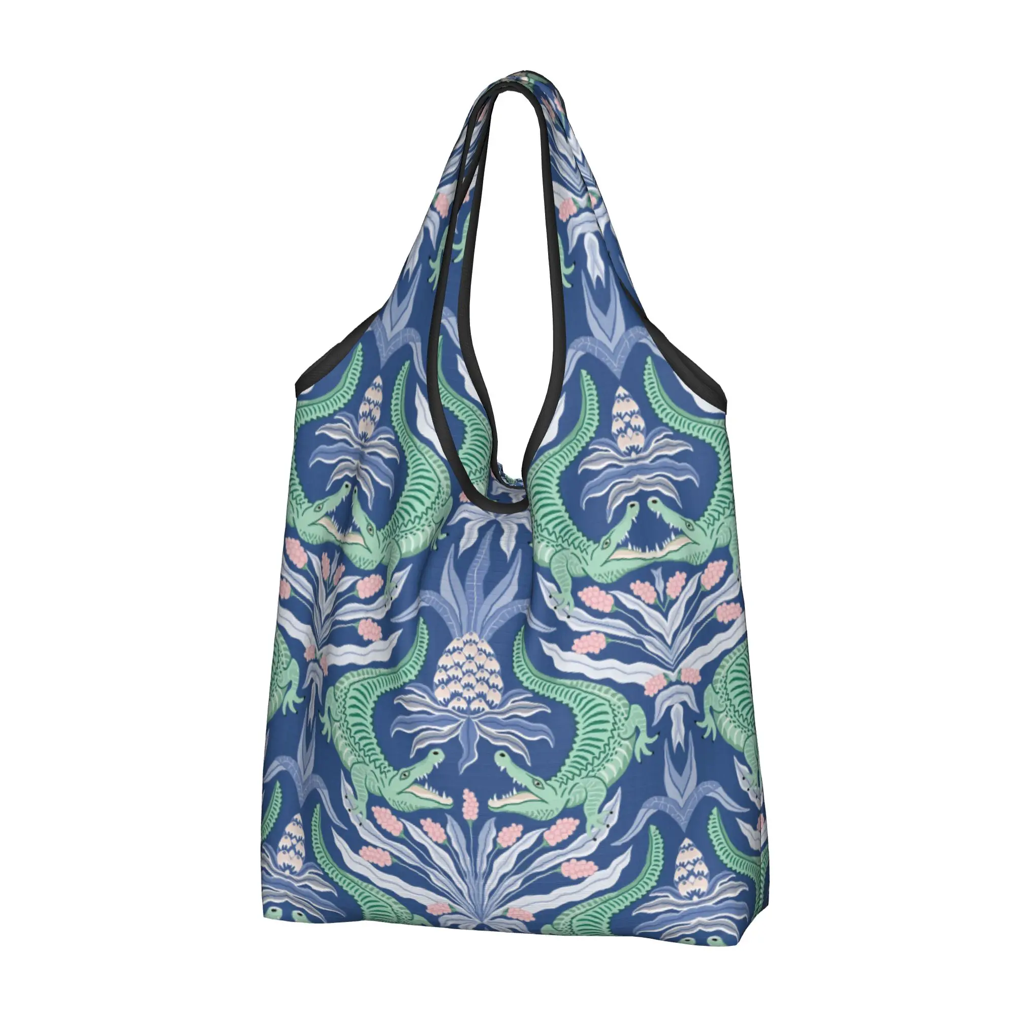 Crocodiles Green Pink Blue Grocery Shopping Tote Bags Cute Alligators Animal Reptile  Shopper Shoulder Bags Big Capacity Handbag