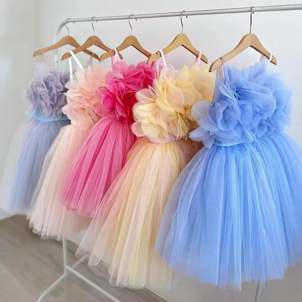 2025 Children's Flower Girl Dress Wedding Princess Blue Strap Tulle Tutu Skirt Purple Spaghetti Dresses for Little Girls Pink