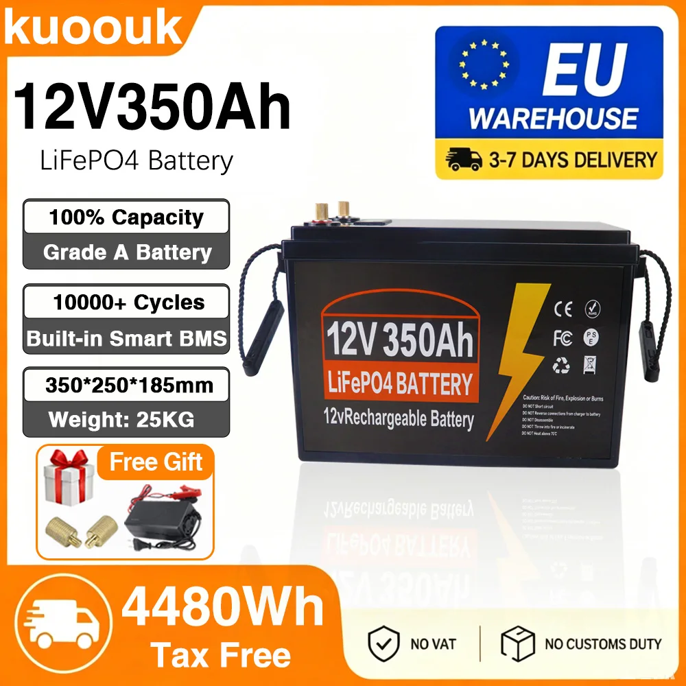Lifepo4 12V 350Ah 200Ah Batterij met Gratis Oplader, 12.8V Lithium Batterij met Ingebouwde 100A BMS, 10000+ Cycli voor RV, Zonne-energie, Boot, Snelle verzending vanuit Pools magazijn