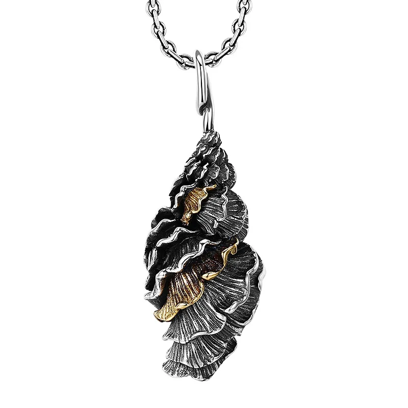 Antique Oxidized Sea Shell Drop Pendant on Chain - Genuine S925 Sterling Silver Unisex Gift