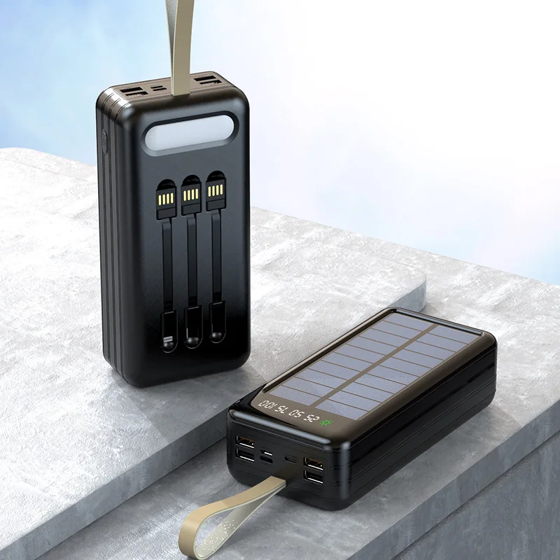 50000mAh Solar Power Bank Built in Cable Portable Charger External Battery LED Light Power Bank For Xiaomi Samsung iPhone Huawei