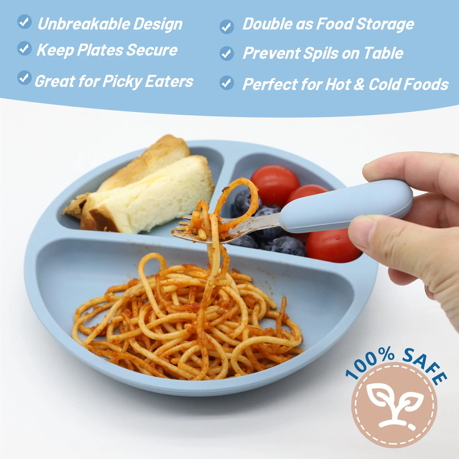 Food grade silicone split plate with strong suction for baby complementary food tableware