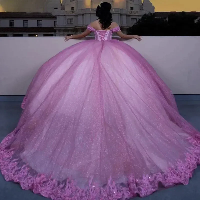 Lila claro fuera del hombro Vestidos De quinceañera Tull fiesta De cumpleaños corsé vestido De baile Vestidos De 15 Anos personalizado