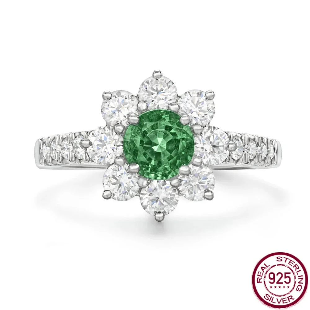 

New S925 pure silver set with 1 carat central gemstone classic sunflower ring, simple and versatile Jewelry