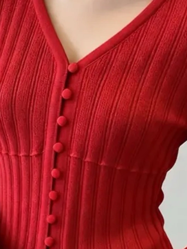Y2K موضة الأحمر متماسكة الخصر سليم صالح المرأة الخريف الشتاء الراقية أنيقة شيك الشباب سترة أنيقة عادية شيك سترة #4