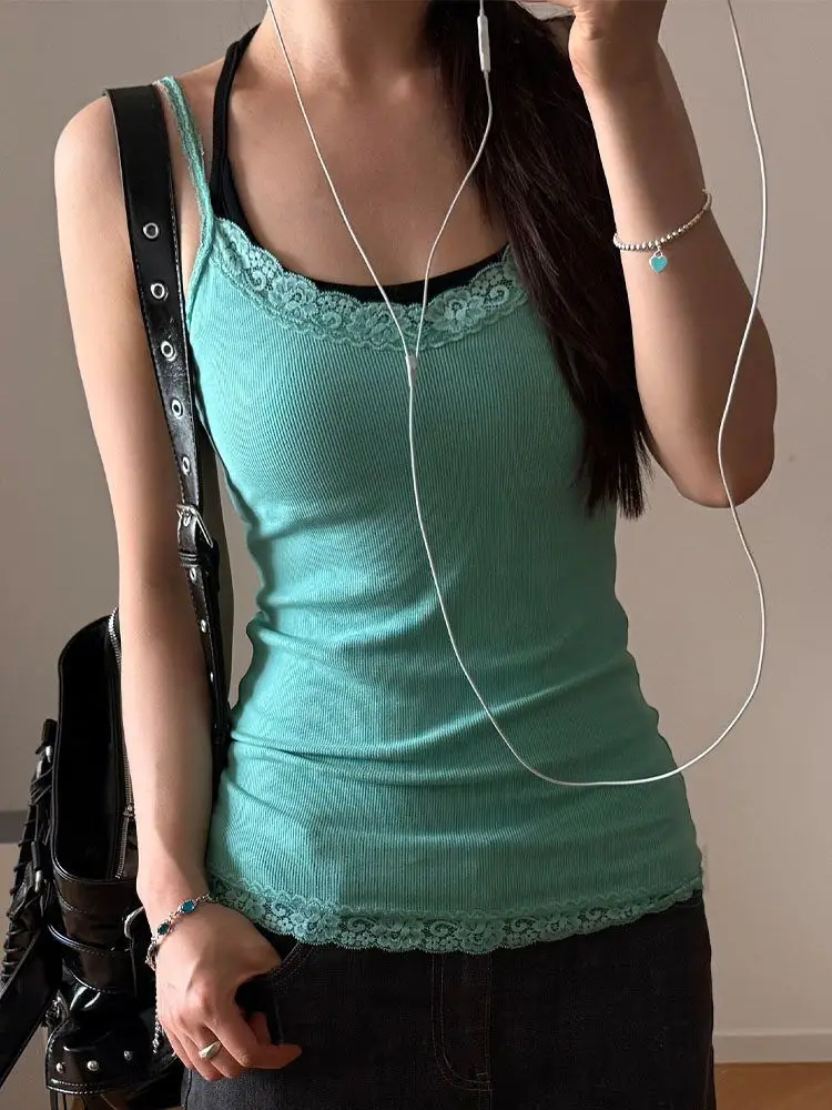 Kimotimo Spicy Girl Lace Camisole Vest Summer New Simple Solid Slim Fit Sleeveless Tops Sexy Outerwear Y2k Aesthetic Goth Tanks