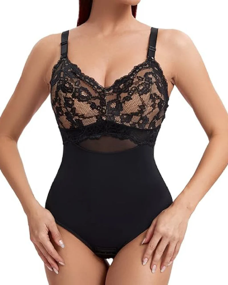 

T-shaped bodysuit Detachable lace chest pad to pull together slimming, hip lift and tummy tuck lingerie