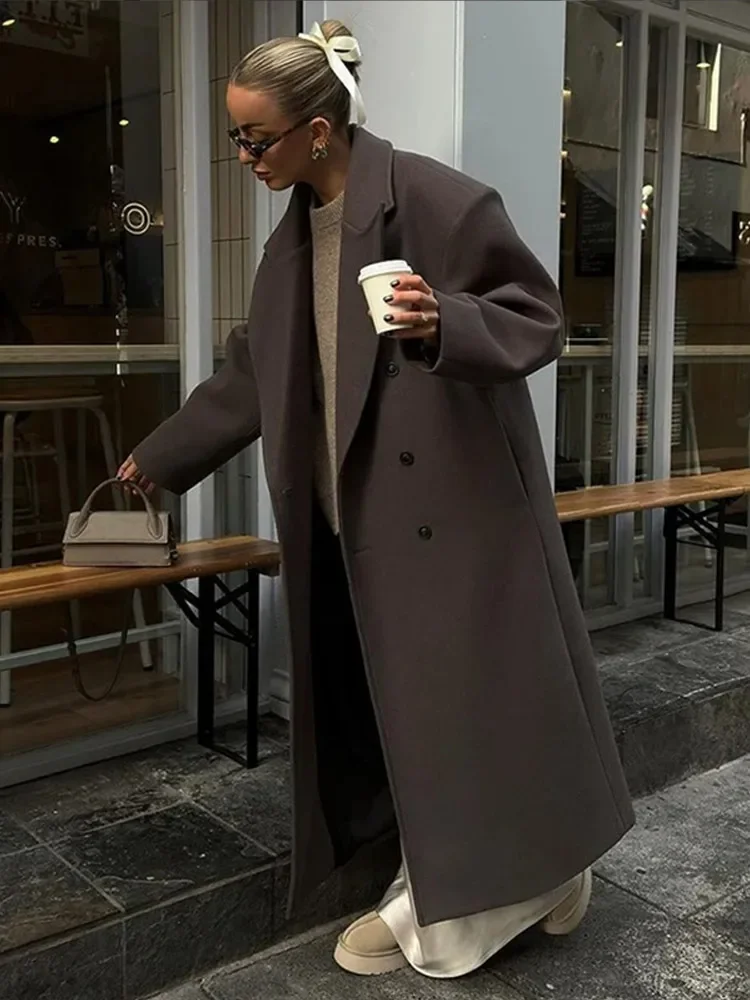 

Fashion Women's Faux Wool Long Coat Vintage Lapel Long Sleeve Double Breasted Female Coat 2025 Autumn Winter Loose Lady Overcoat