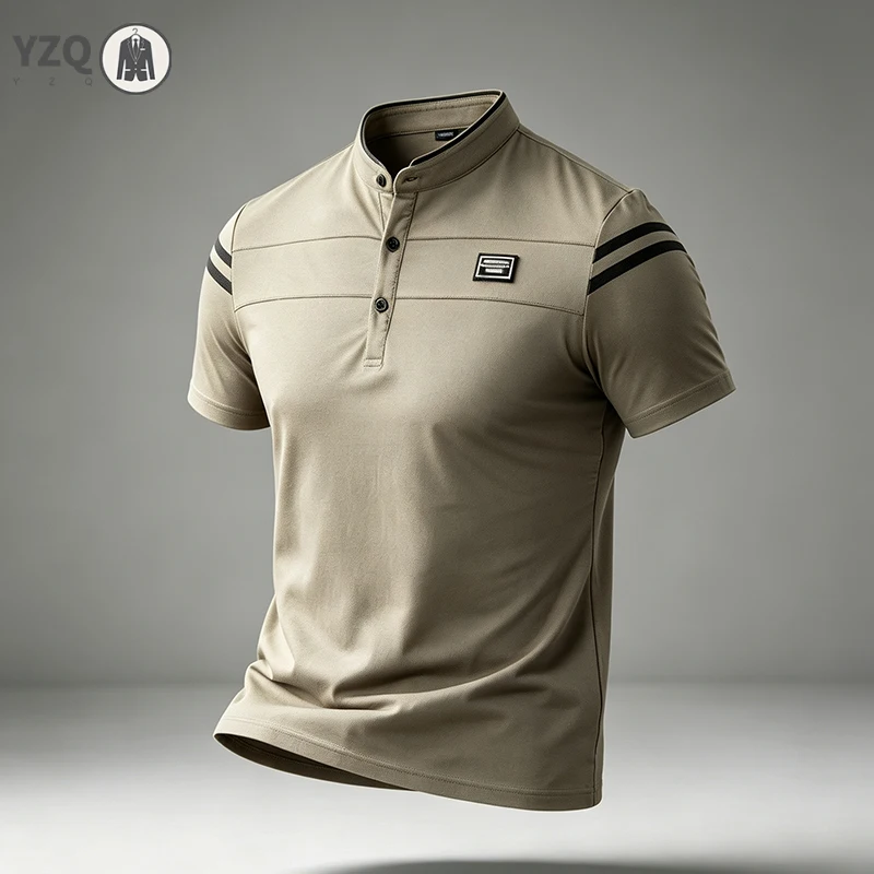Men Regular Fit Short Sleeve Polo Shirt Stand Collar Decorative Stripes For Street Style And Office Daily Commute Wear