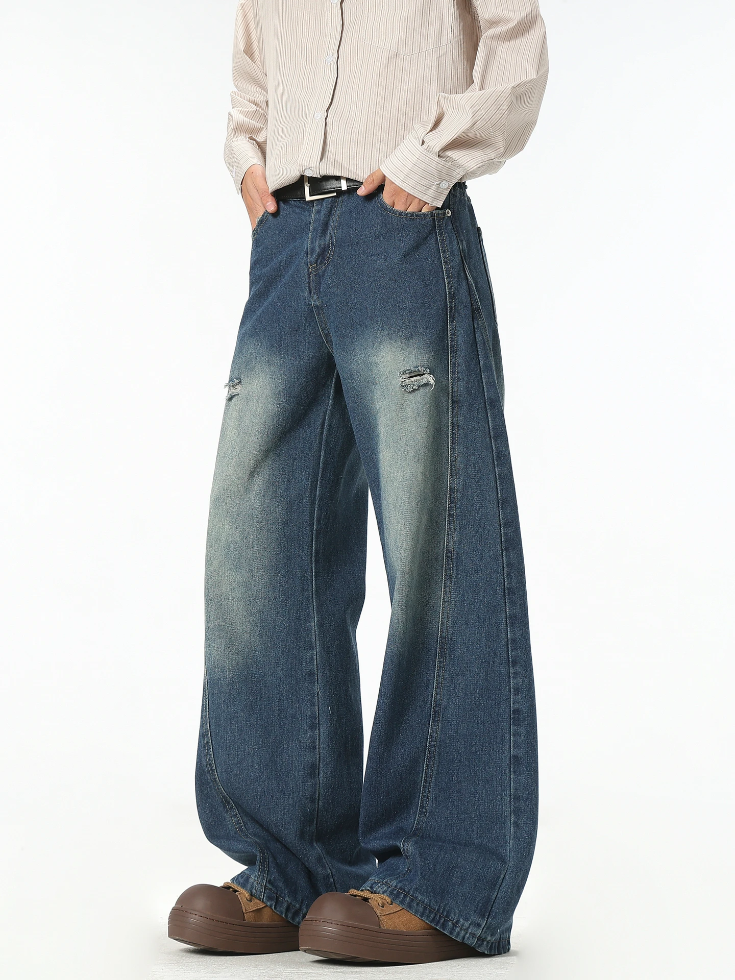 

Wukong Has Sto Streetwear American Waed Ripped Patchwork Jeans Men's Vintage Loose Match All Cotton Long Pants