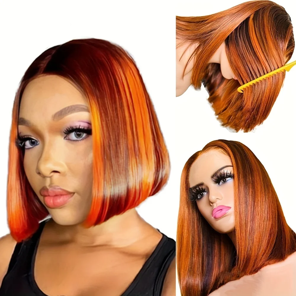 

13×4 transparent front lace hair 10-14 inches women's short straight Bob human hair wig 4/350 color
