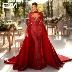 Passion Red 2in1 Prom Dress With Detachable Train High Neck Beaded Embellished Maxi Evening Dress Full Sleeves Party Gown