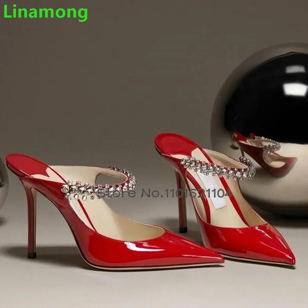 Red Patent Leather Crystal Luxury Slippers For Female Women 2024 New Thin High Heel Pointed Toe Sexy Elegant Solid Sexy Shoes