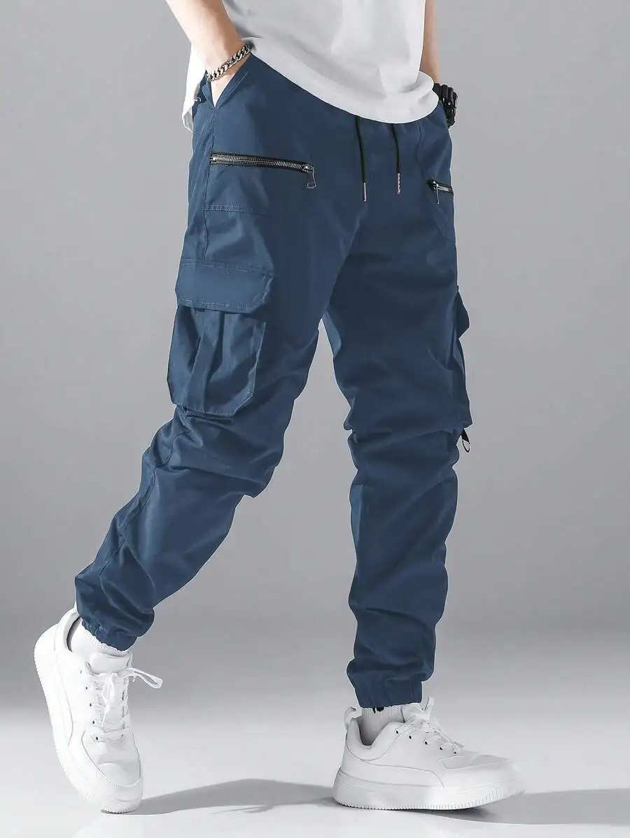 Manfinity Hypemode Loose Men Cargo Pants With Flap Pockets, Side Drawstring Waist, For Fall