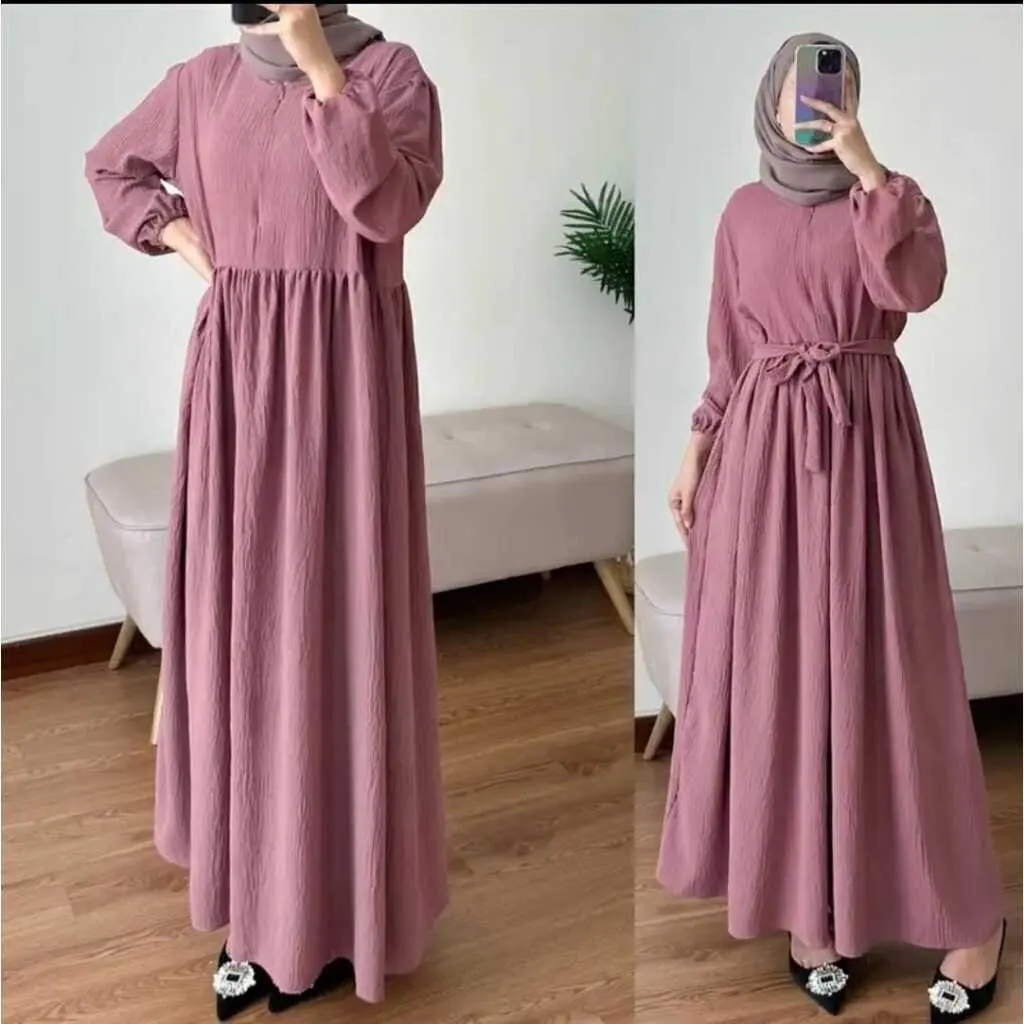 Muslim Robe New Zipper Round Neck Solid Color Bubble Sleeve Loose Dress
