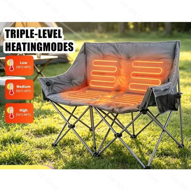 Foldable Double Camping Chair Three Gear Heating Portable Outdoor Beach Chair Winter Camping Seat