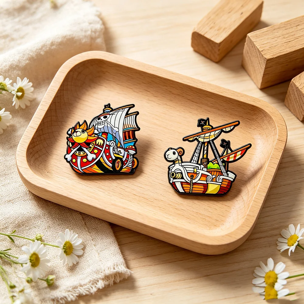 2pcs Pirate Ship Enamel Pin Set, Thousand Sunny & Going Merry Metal Lapel Brooches, Anime Collectible Badge for Backpack Gift