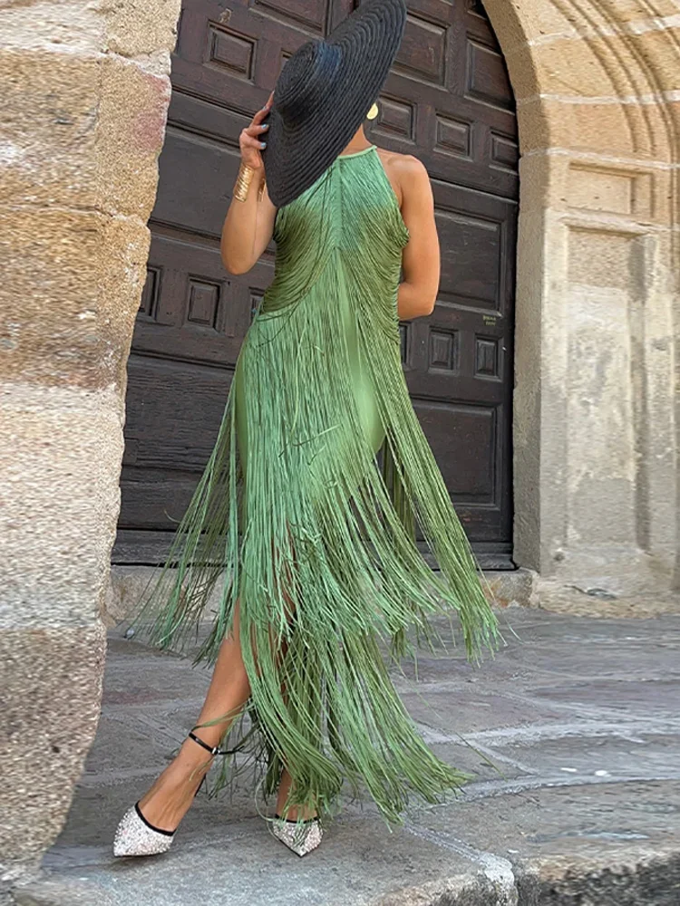 Vestido Halter sin mangas de Color sólido con borlas para mujer, vestido Midi multicapa para mujer, bata de cóctel, moda Sexy, nuevo 2025