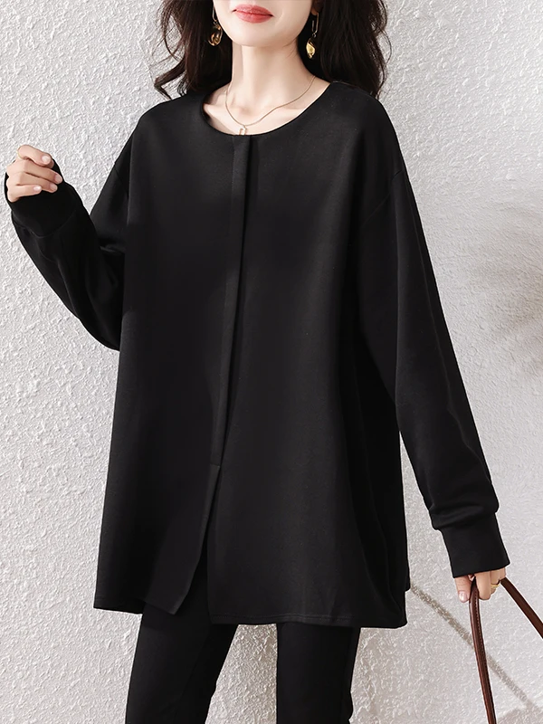 سترة رياضية أصلية بتصميم جديد لخريف 2025، فضفاضة وعصرية وبسيطة، قميص نسائي من القطن والبوليستر بأكمام طويلة وألوان أساسية #2