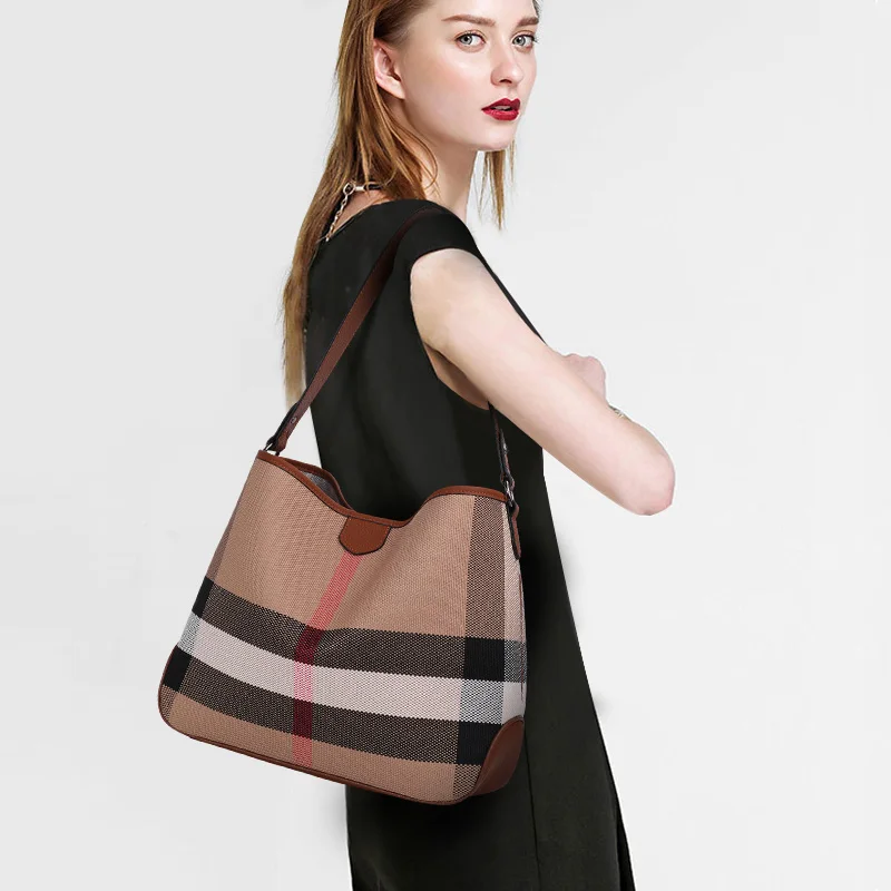 Ladies Plaid Stripe Patchwork Hobo Handbag, Genuine Top Layer Leather Shoulder Bag, Multi-Pocket Adjustable Strap Purse