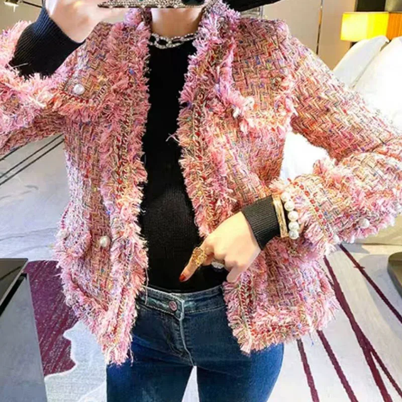 Pink Tweed Coat Sequins Fabric  Autumn / Spring New Women's Jakcet Temperament  Was Thin In The elegant Section Top