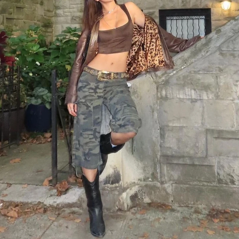 Women Calf Length Pant Jeans Wide Leg Pants Denim Vintage Camouflage High Waist Trousers Y2k Streetwear Elegant Work Casual