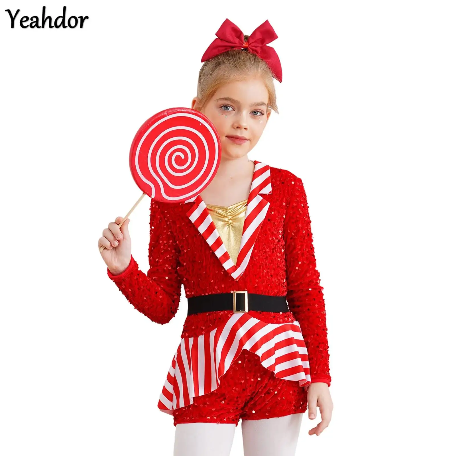 

Girls Christmas Dance Costumes Sequin Candy Cane Jumpsuit Unitard Long Sleeve/Sleeveless Striped Bodysuit Xmas Santa Sweetie