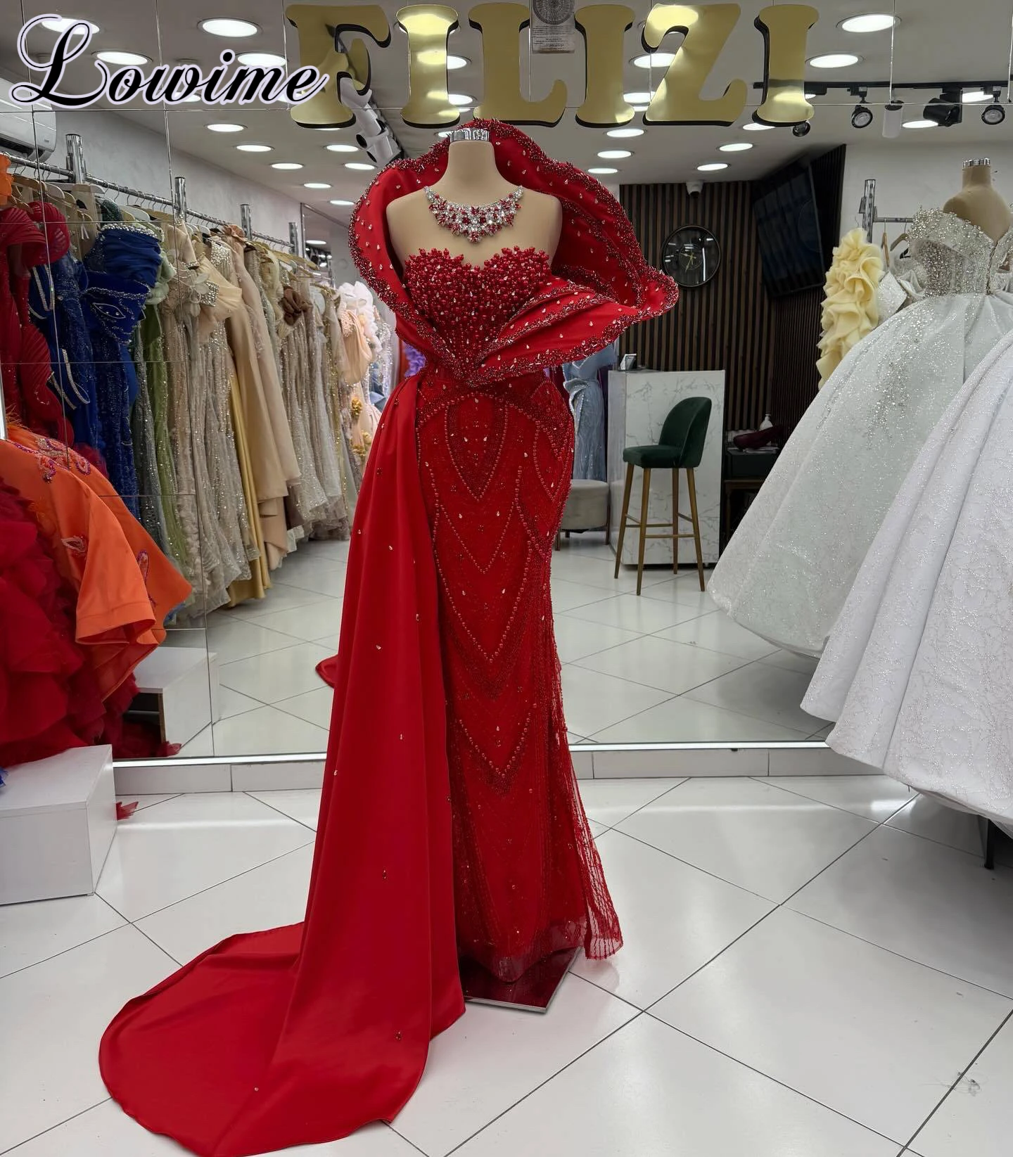 Special Red Celebrity Dresses Mermaid Pearls Sleeveless Red Carpet Runway Dresses For Women 2026 Vestidos De Gala Customized